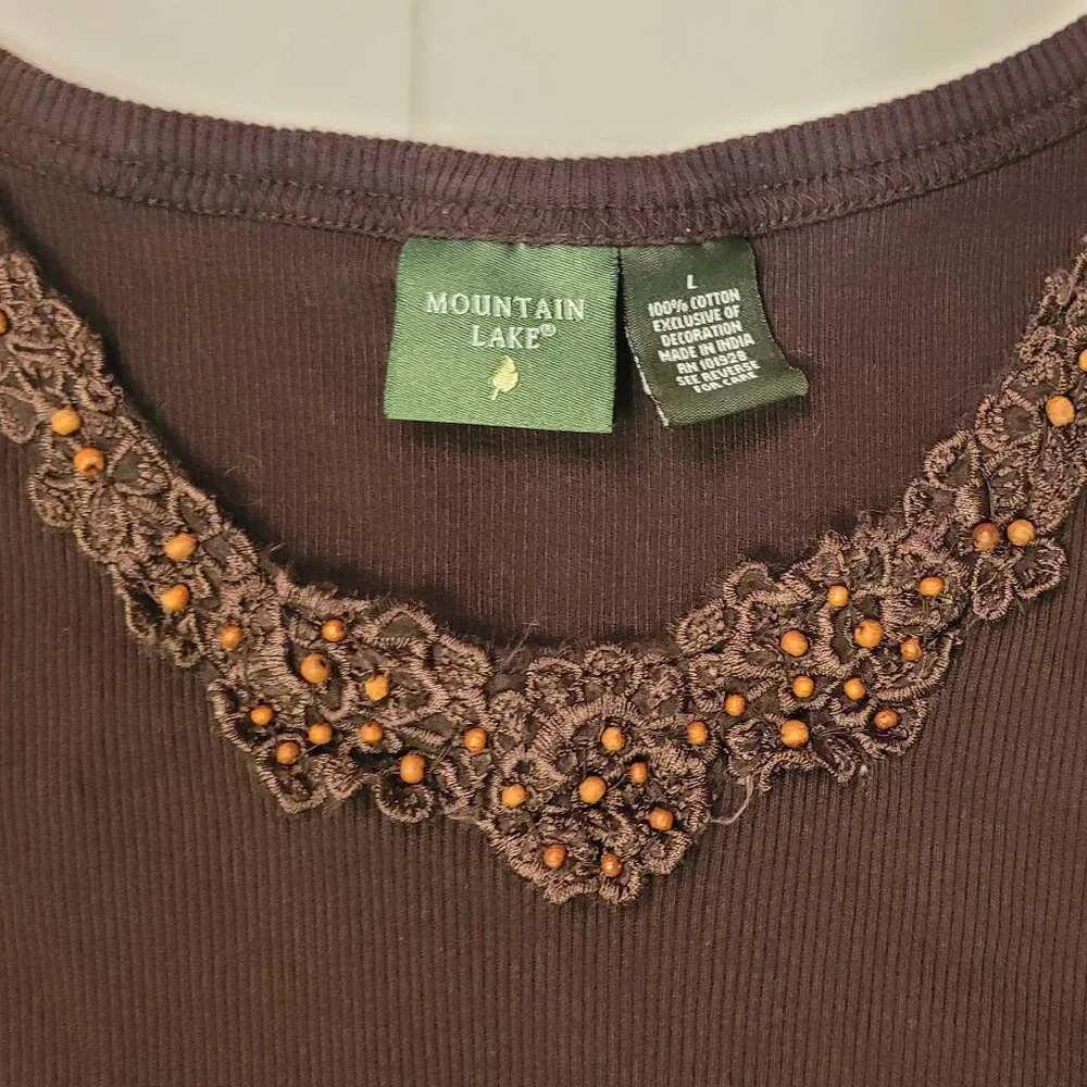 Brown Ribbed Tank Top Embellished Mounain Lake Womens Size L - Picture 5 of 11